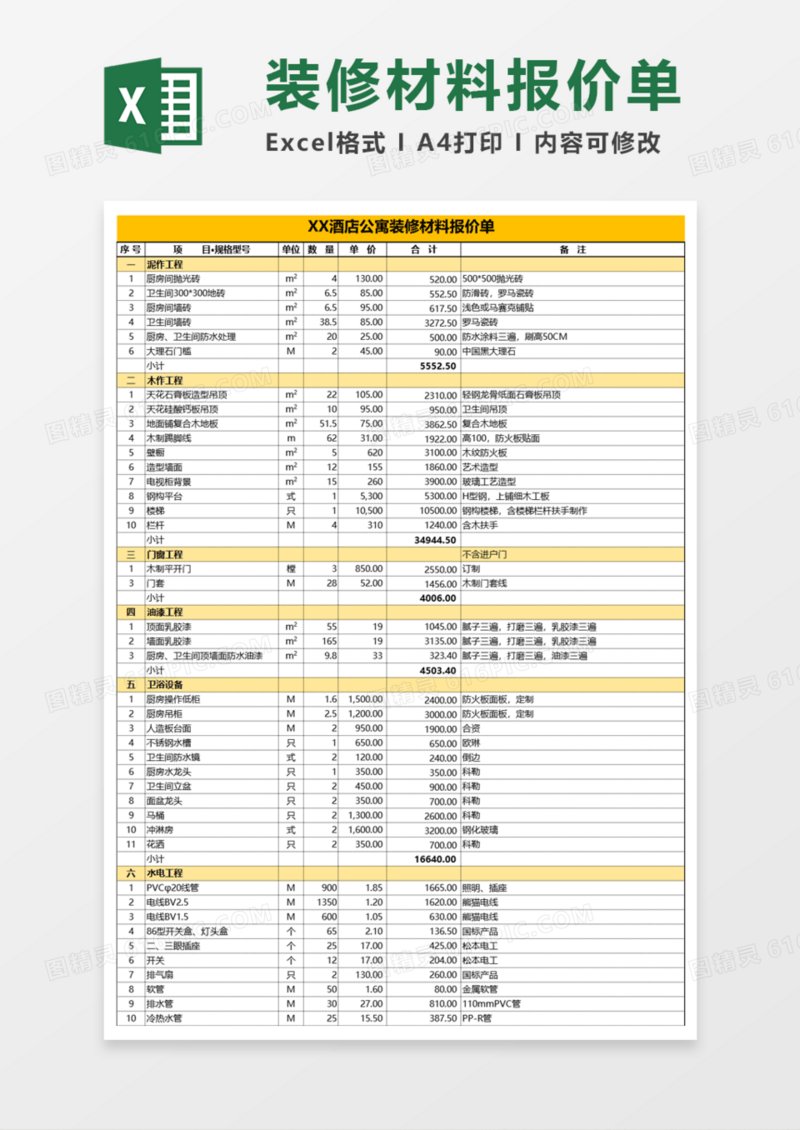 酒店公寓装修材料报价单Execl模板