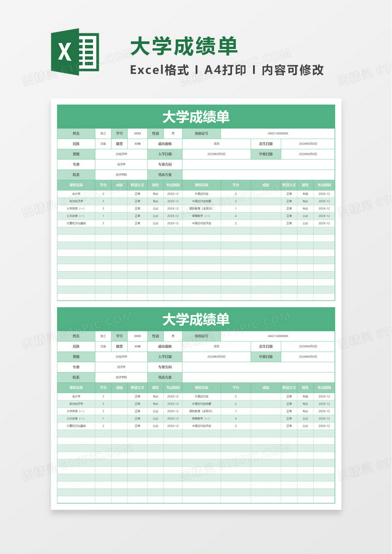 大学成绩单excel模板