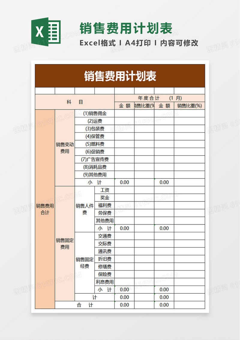 销售费用计划表excel模板