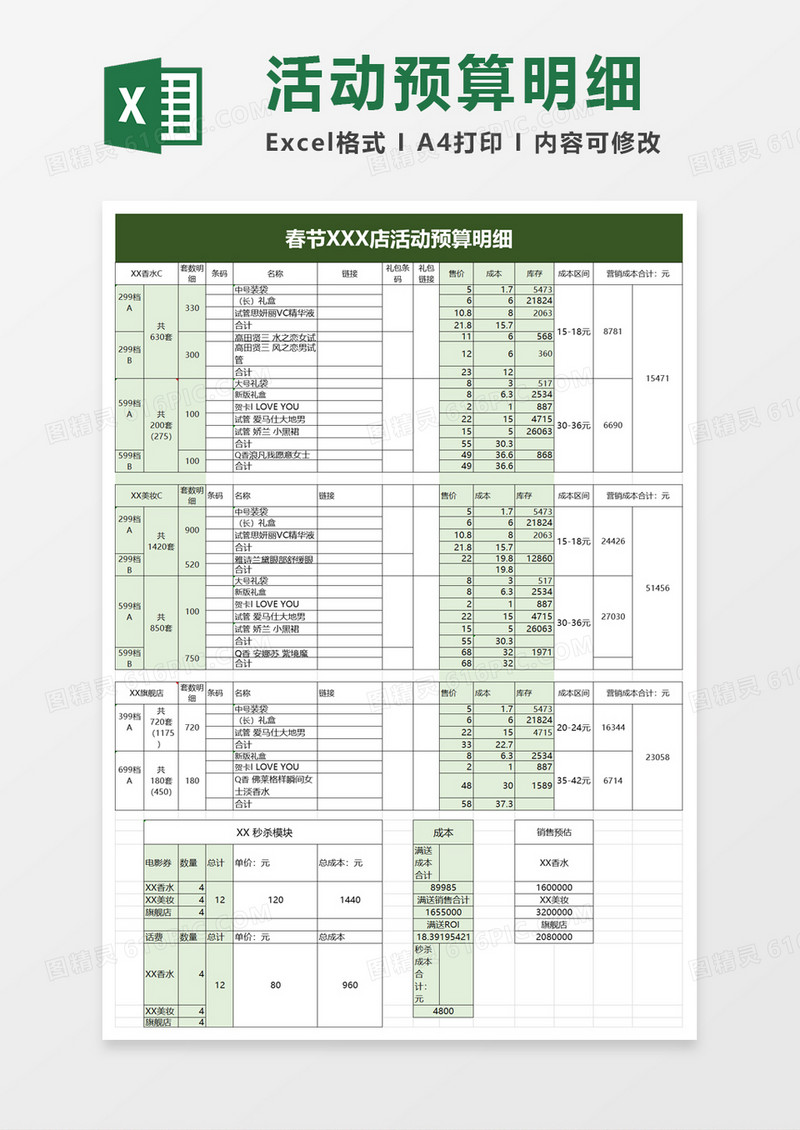 活动预算明细excel模板