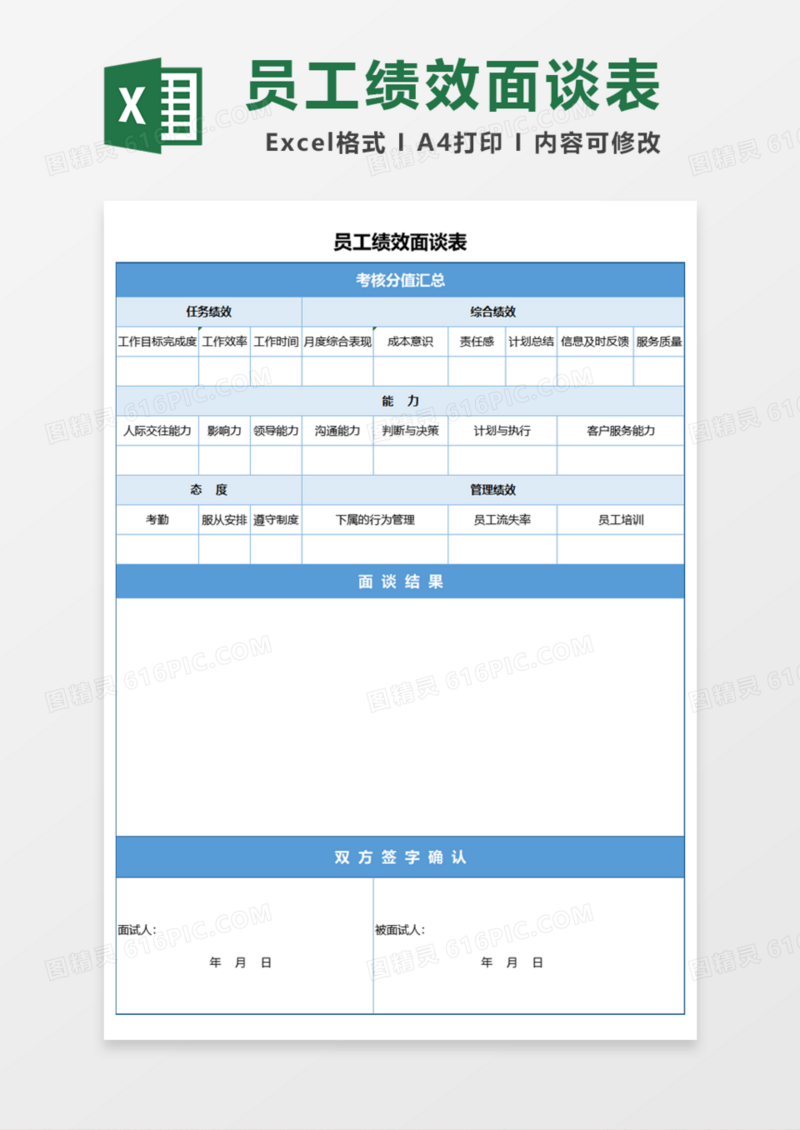 员工绩效面谈表Excel模板