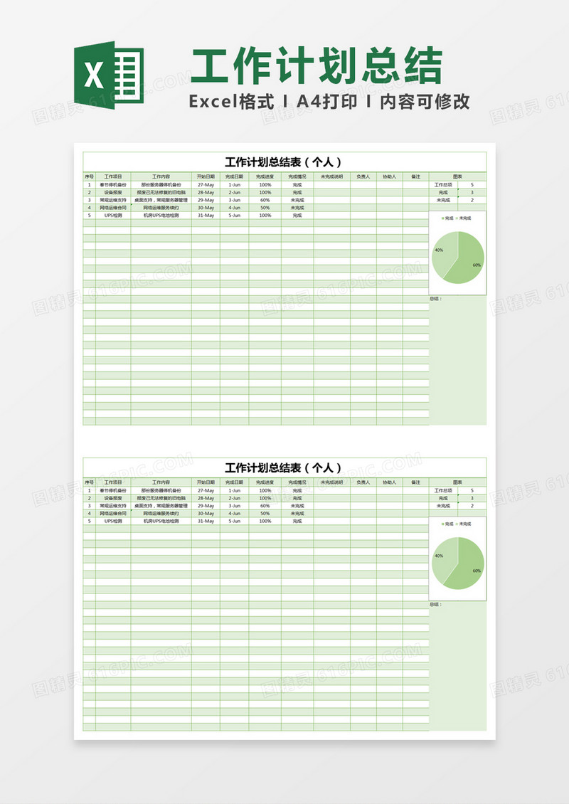 绿色简约工作计划总结表excel模版