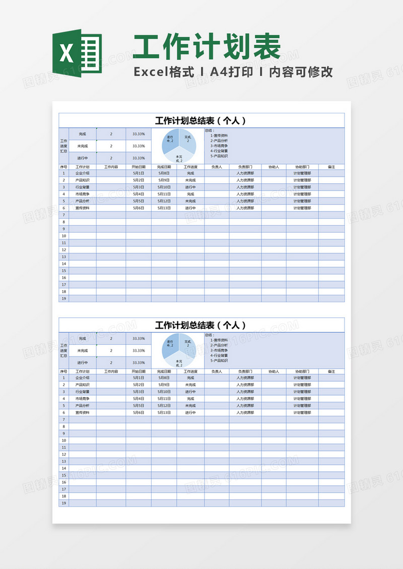 蓝色简约工作计划及总结表excel模版