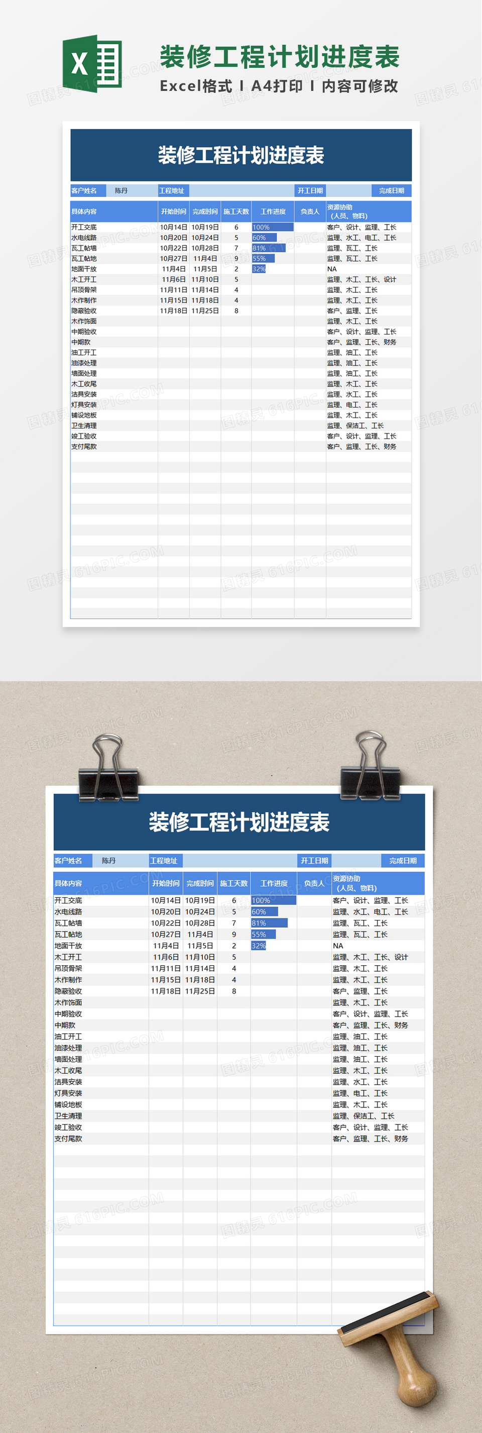 装修工程计划进度表excel模板