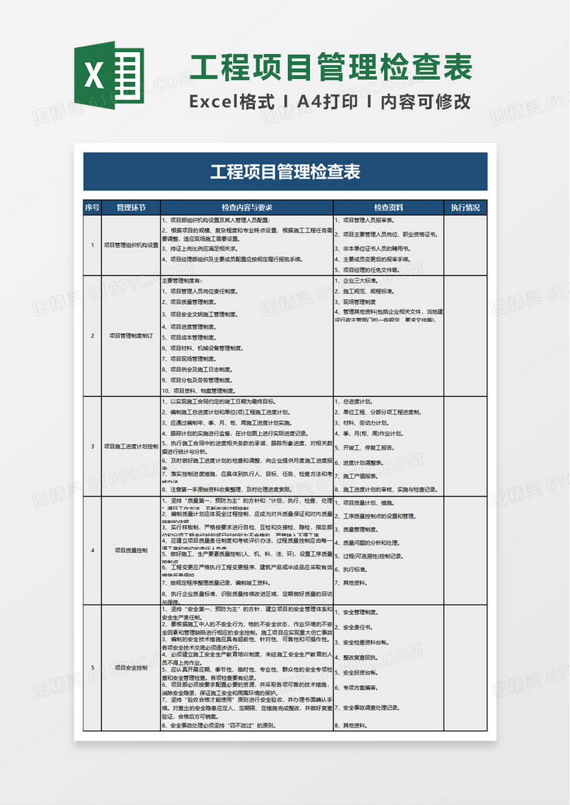 工程项目管理检查表excel模板