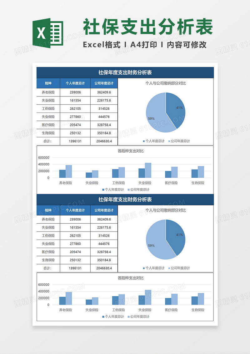 蓝色简约社保年度支出财务分析表