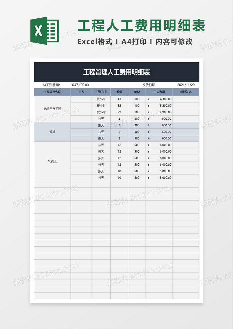 工程管理人工费用明细表excel模板