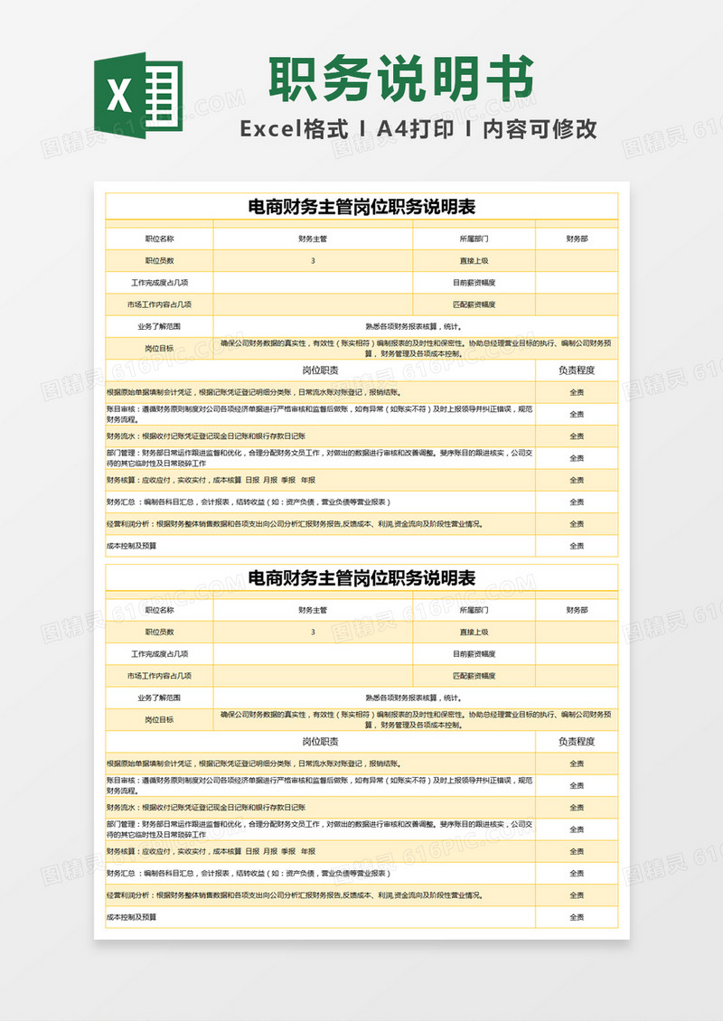 黄色简约电商财务主管岗位职务说明表excel模版
