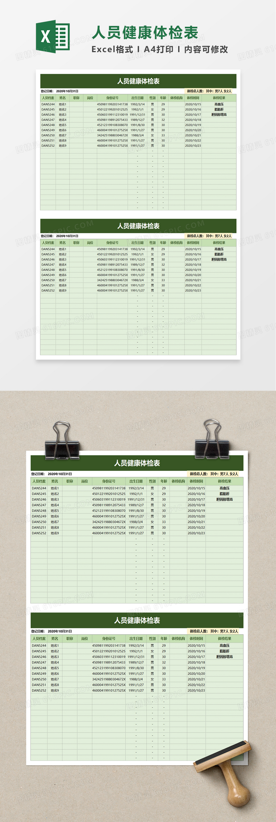 企业人员健康体检表excel模板