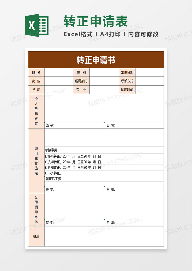 转正申请书excel模板