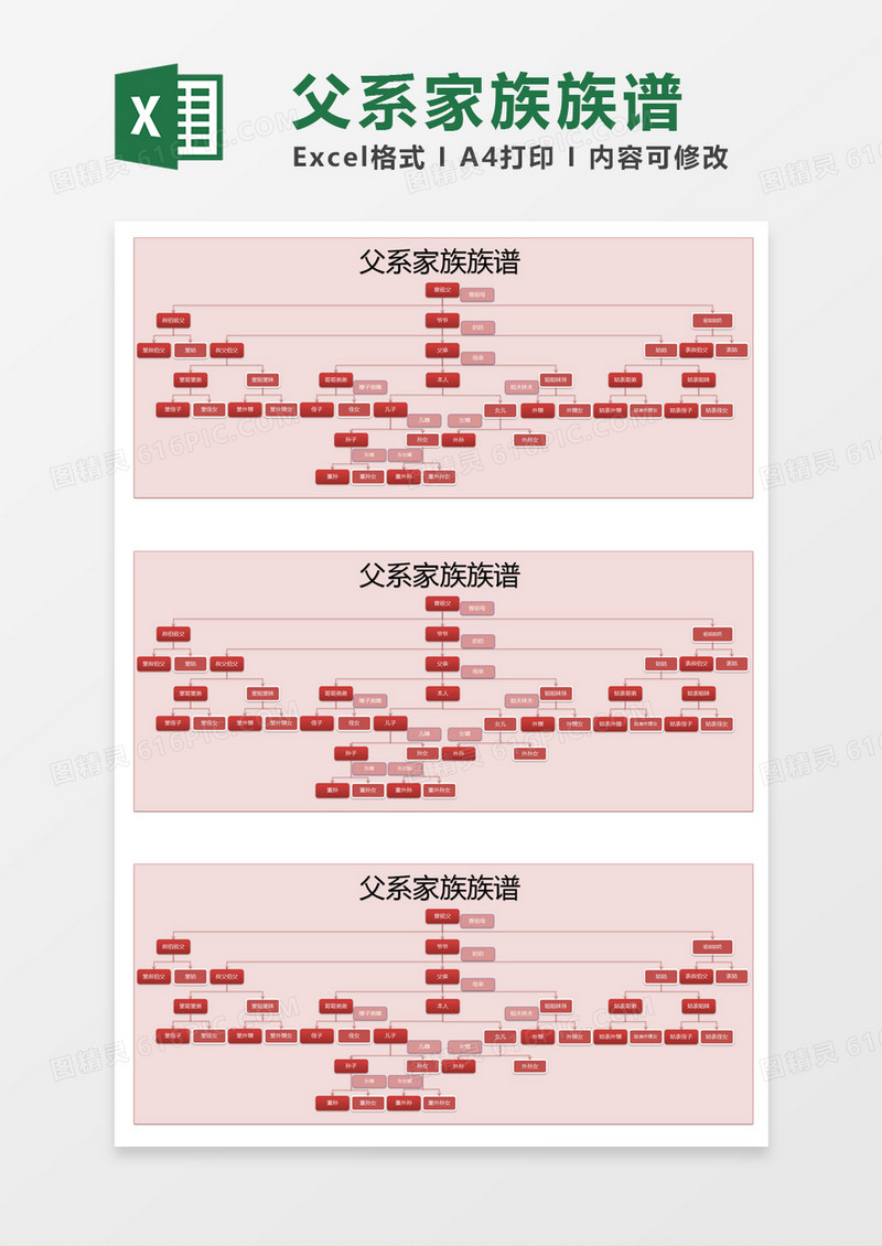 红色简约父系家族族谱excel模版