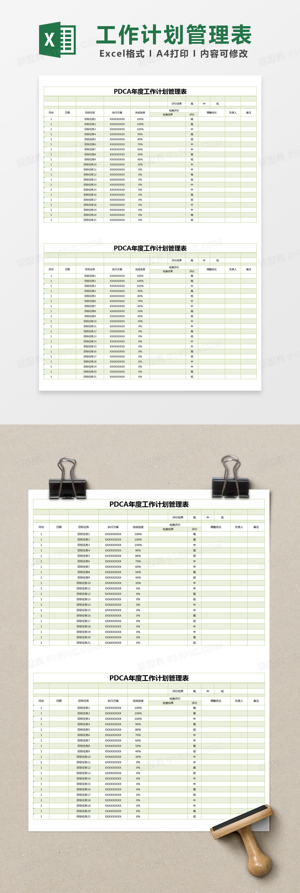 绿色简约PDCA年度工作计划管理表excel模版