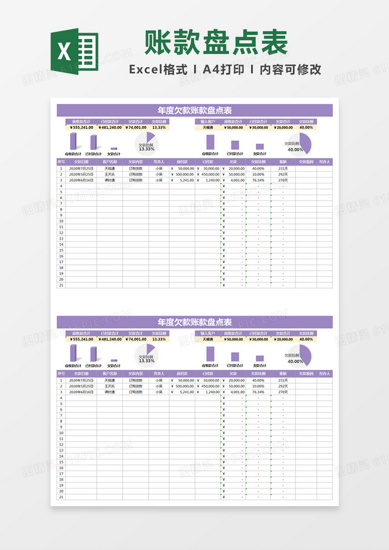 紫色简约年度欠款账款盘点表excel模版