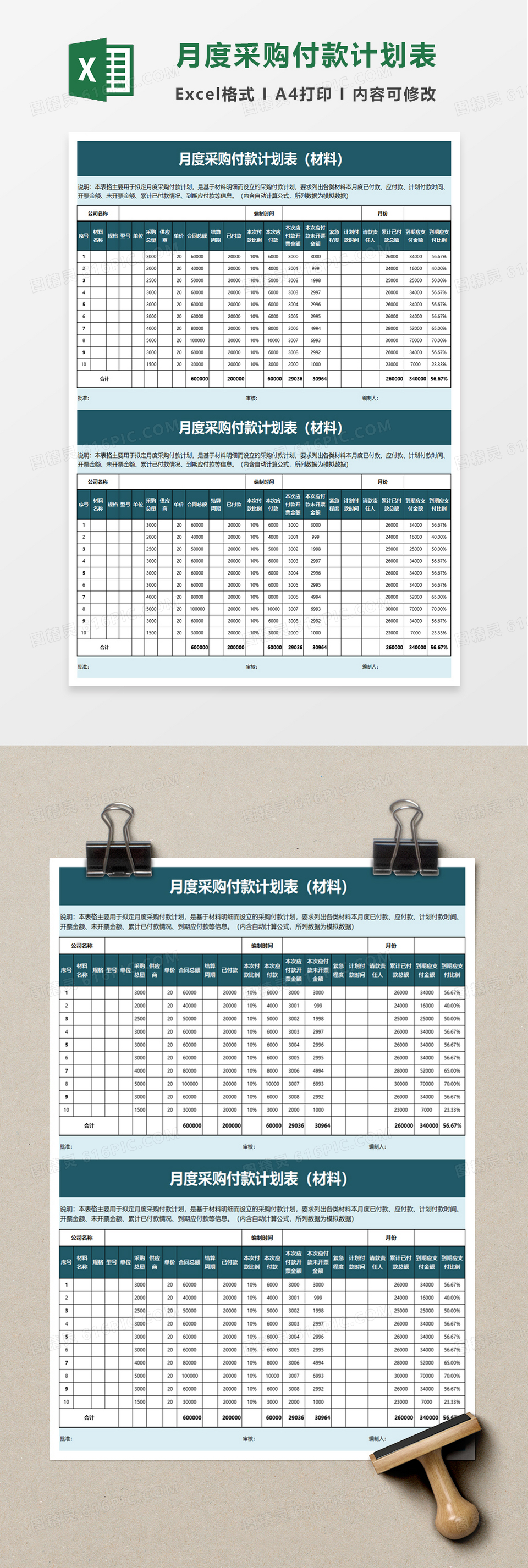 月度采购付款计划表excel模板