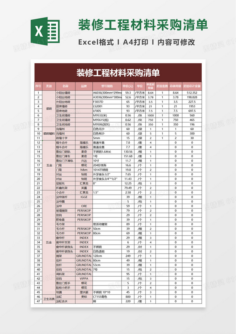 装修工程材料采购清单excel模板