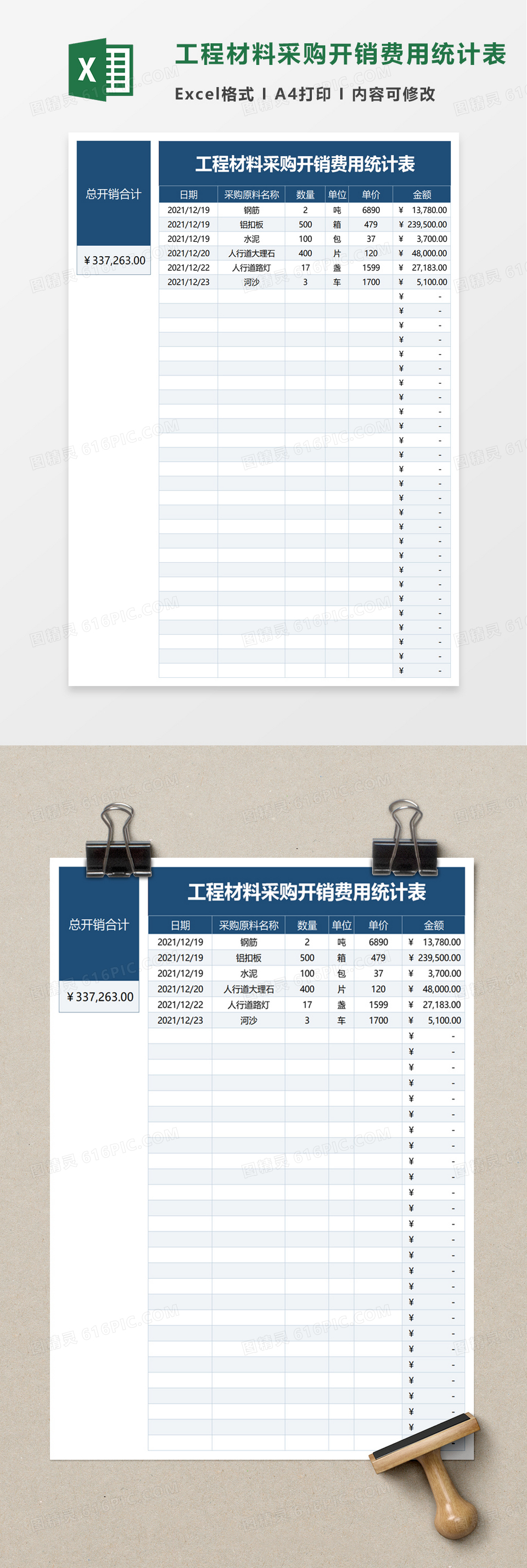 工程材料采购开销费用统计表excel模板