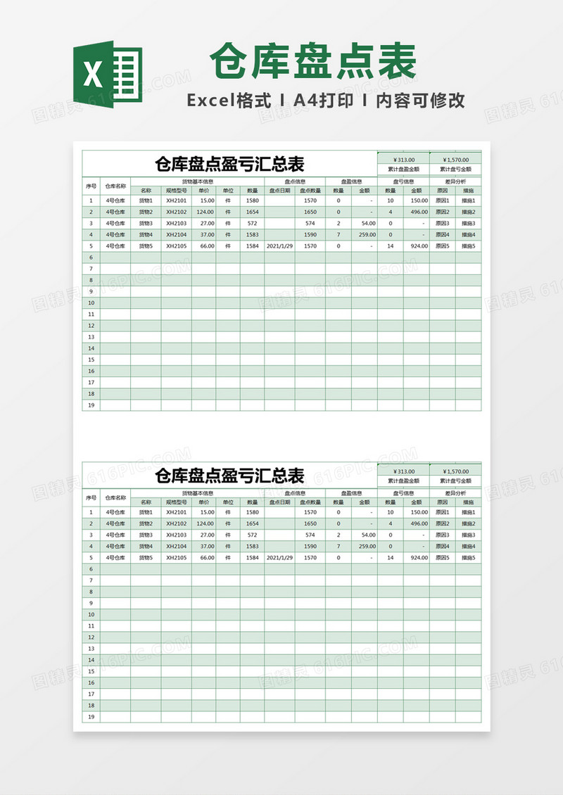 绿色简约仓库盘点盈亏汇总表excel模版
