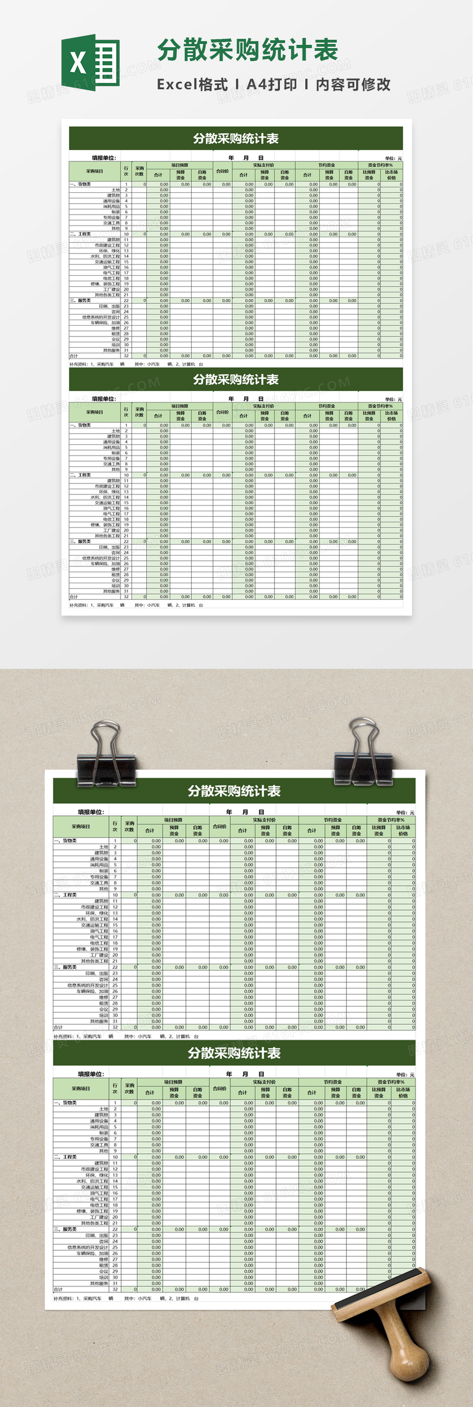 简洁分散采购统计表excel模板