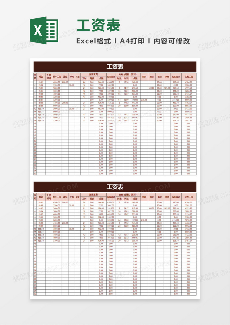 企业员工工人工资表excel模板