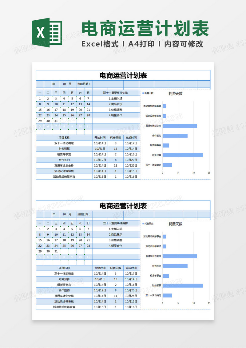蓝色简约电商运营计划表excel模版