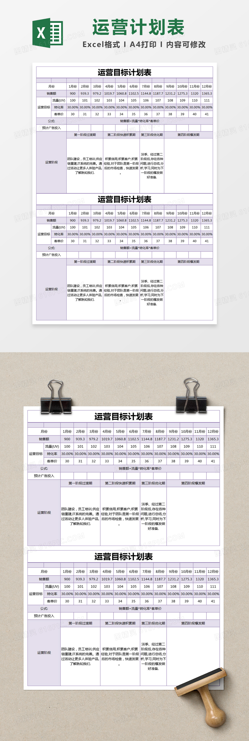 紫色简约运营目标计划表excel模版