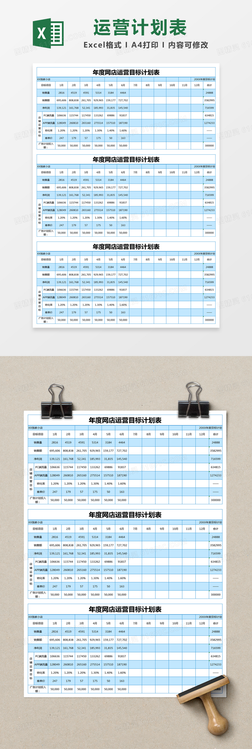 蓝色简约年度网店运营目标计划表excel模版