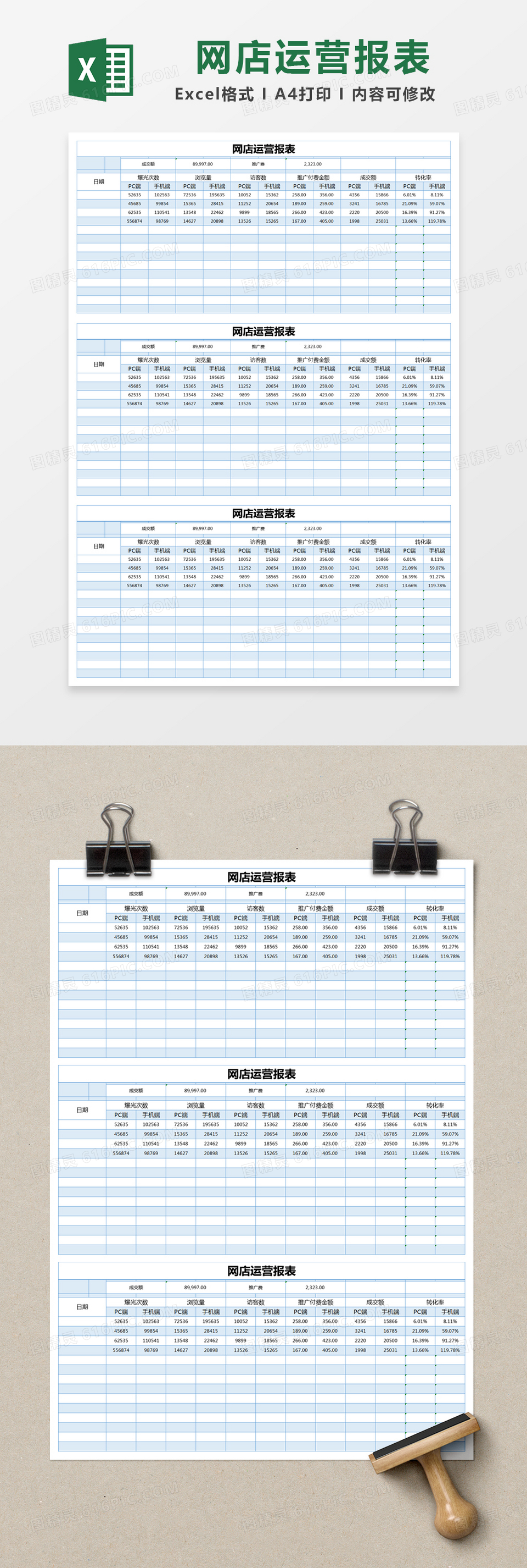 蓝色简约网店运营报表excel模版