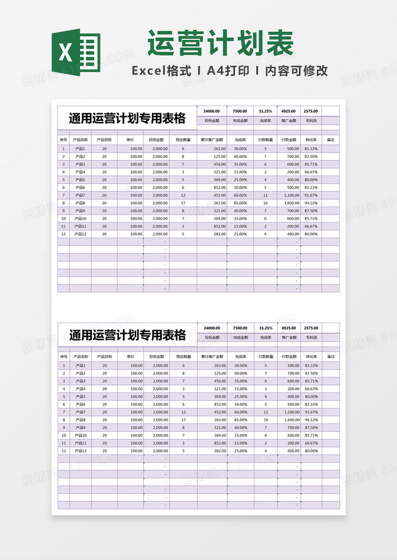 紫色简约通用运营计划专用表格excel模版