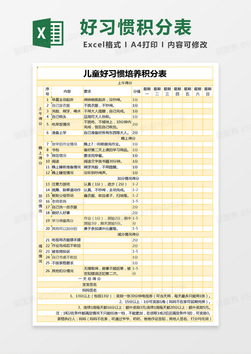 黄色简约儿童好习惯培养积分表excel模版