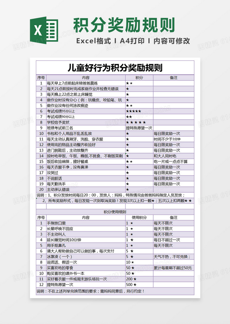 紫色儿童好行为积分奖励规则excel模版