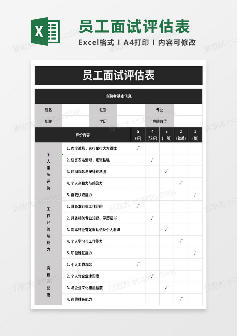 员工面试评估表excel模板