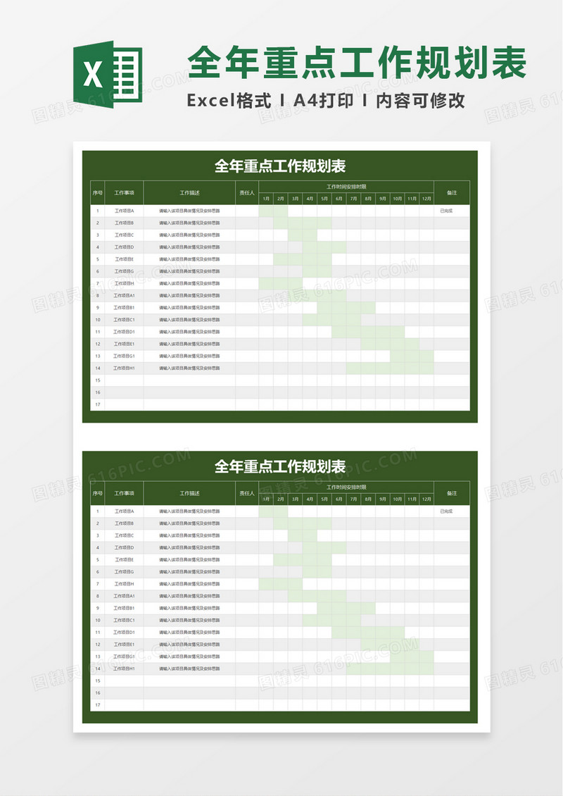 全年重点工作规划表excel模板