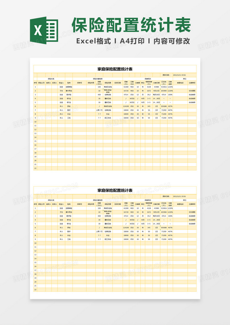 黄色简约家庭保险配置统计表excel模版