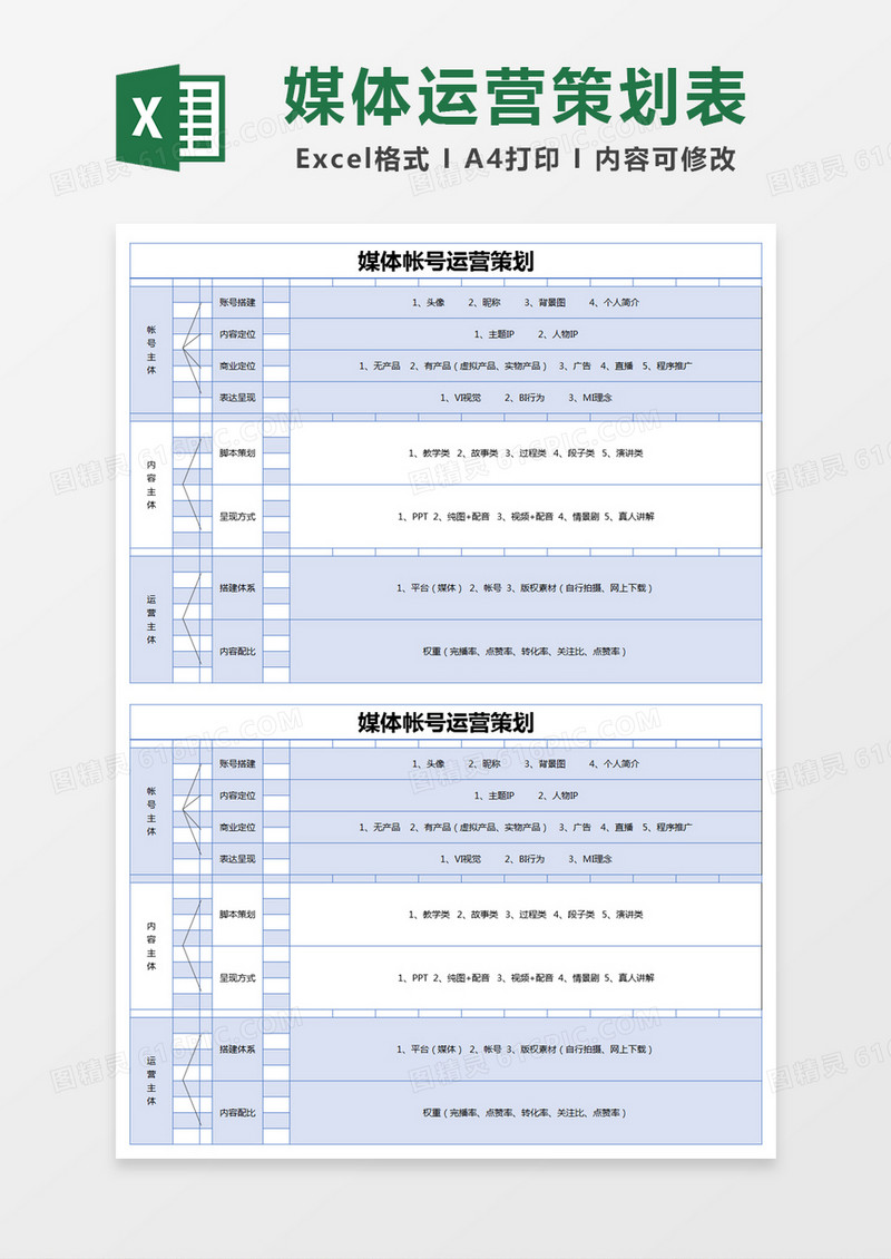 蓝色简约媒体帐号运营策划excel模版