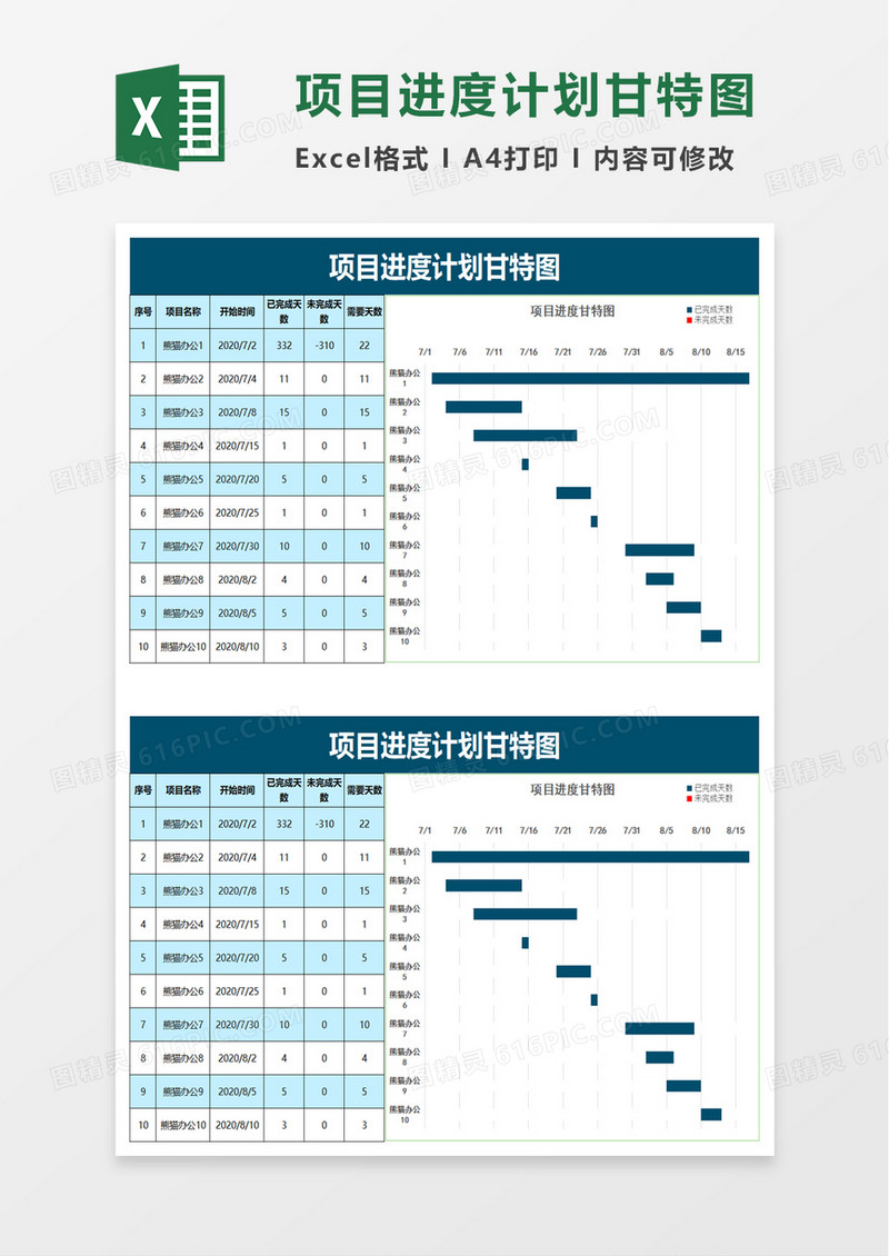 简洁项目进度计划甘特图excel模板