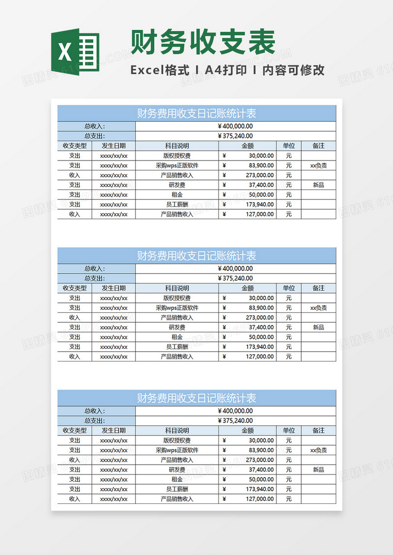 淡蓝简约财务费收支日记账统计表