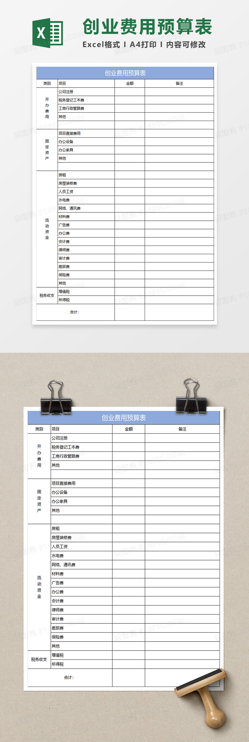 淡蓝简约创业费用预算表