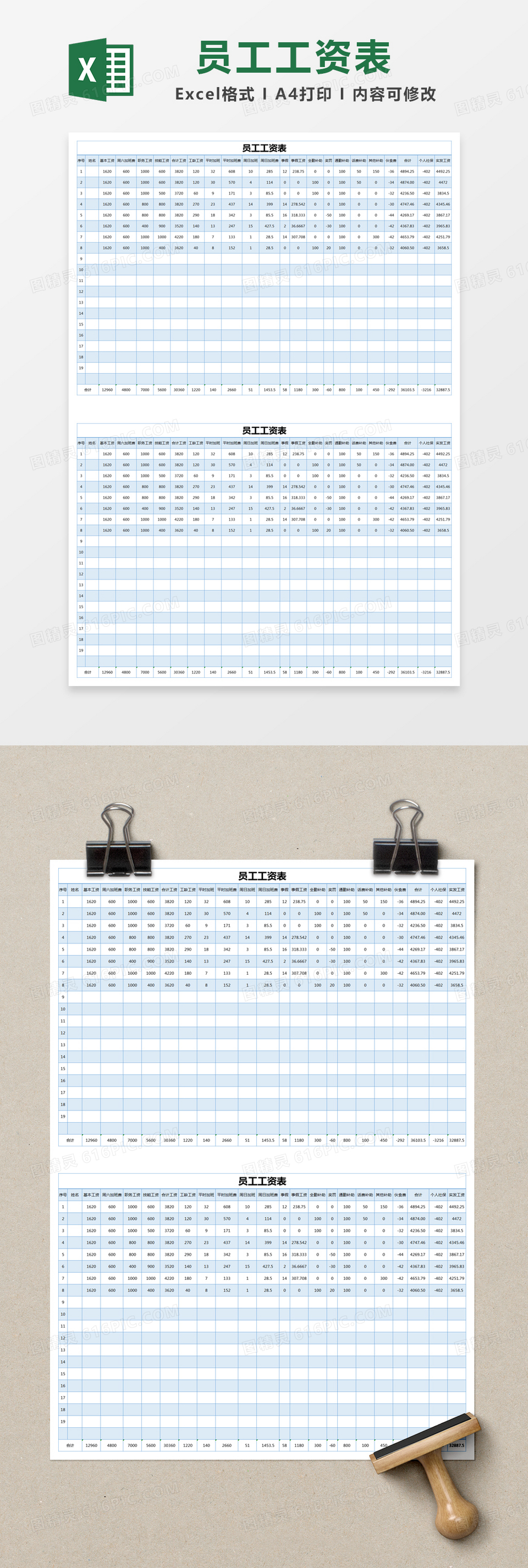 蓝色简约员工工资表excel模版