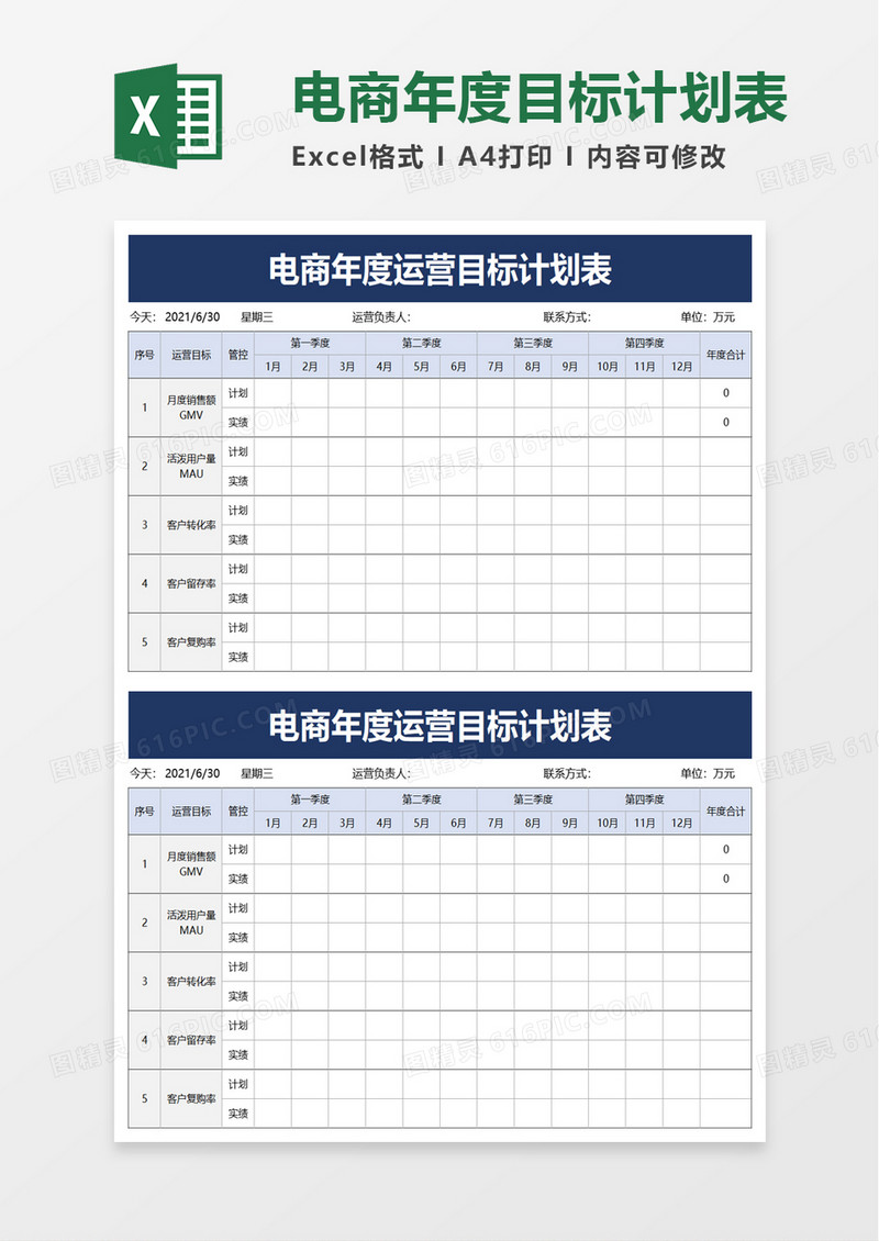运营目标计划表excel模板