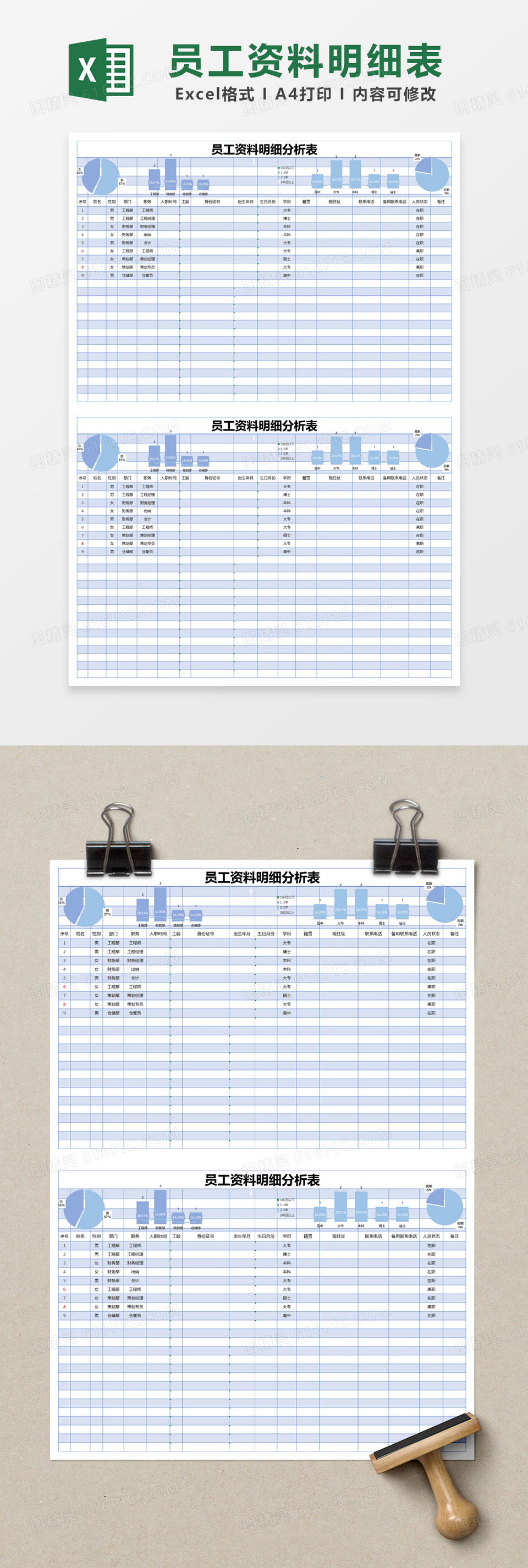 蓝色简约员工资料明细分析表excel模版