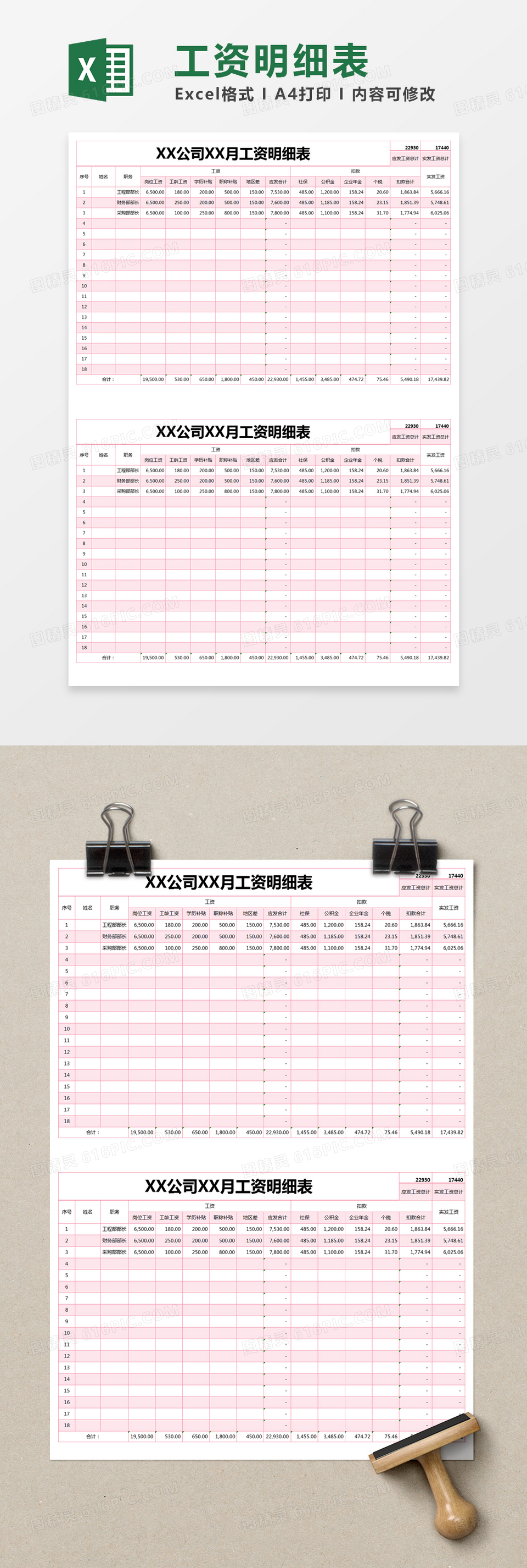 红色简约月工资明细表excel模版