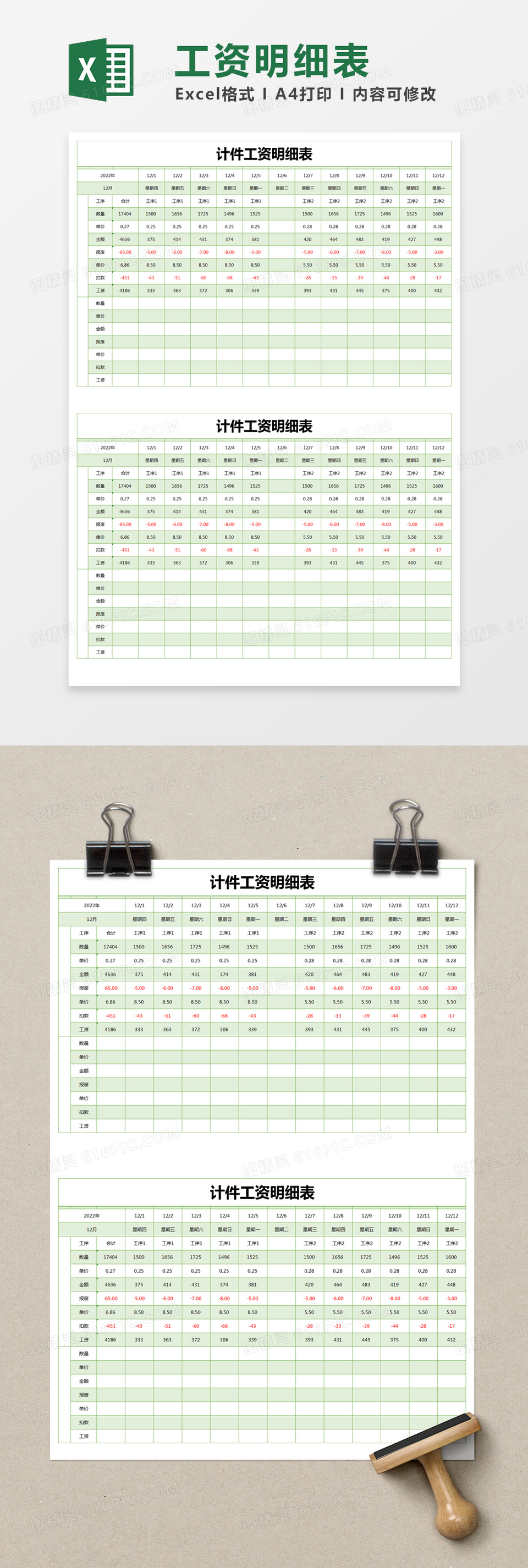 绿色简约计件工资明细表excel模版