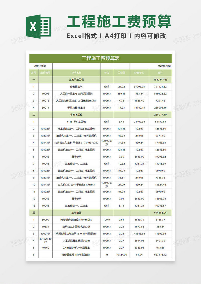 绿色简约工程施工费预算表