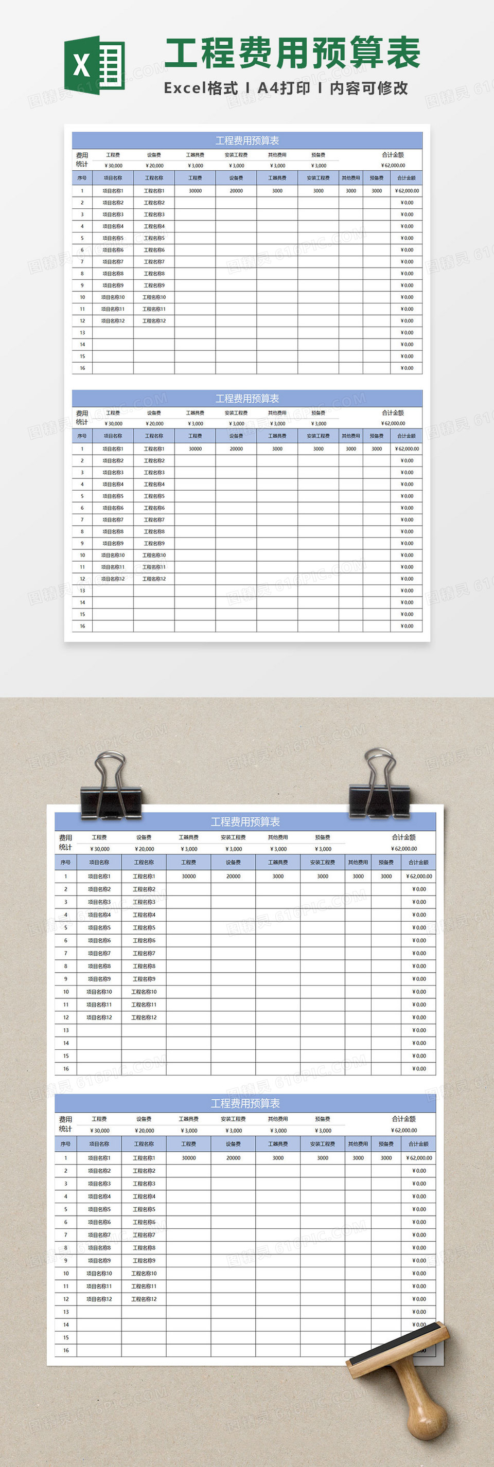 淡蓝简约工程费用预算表