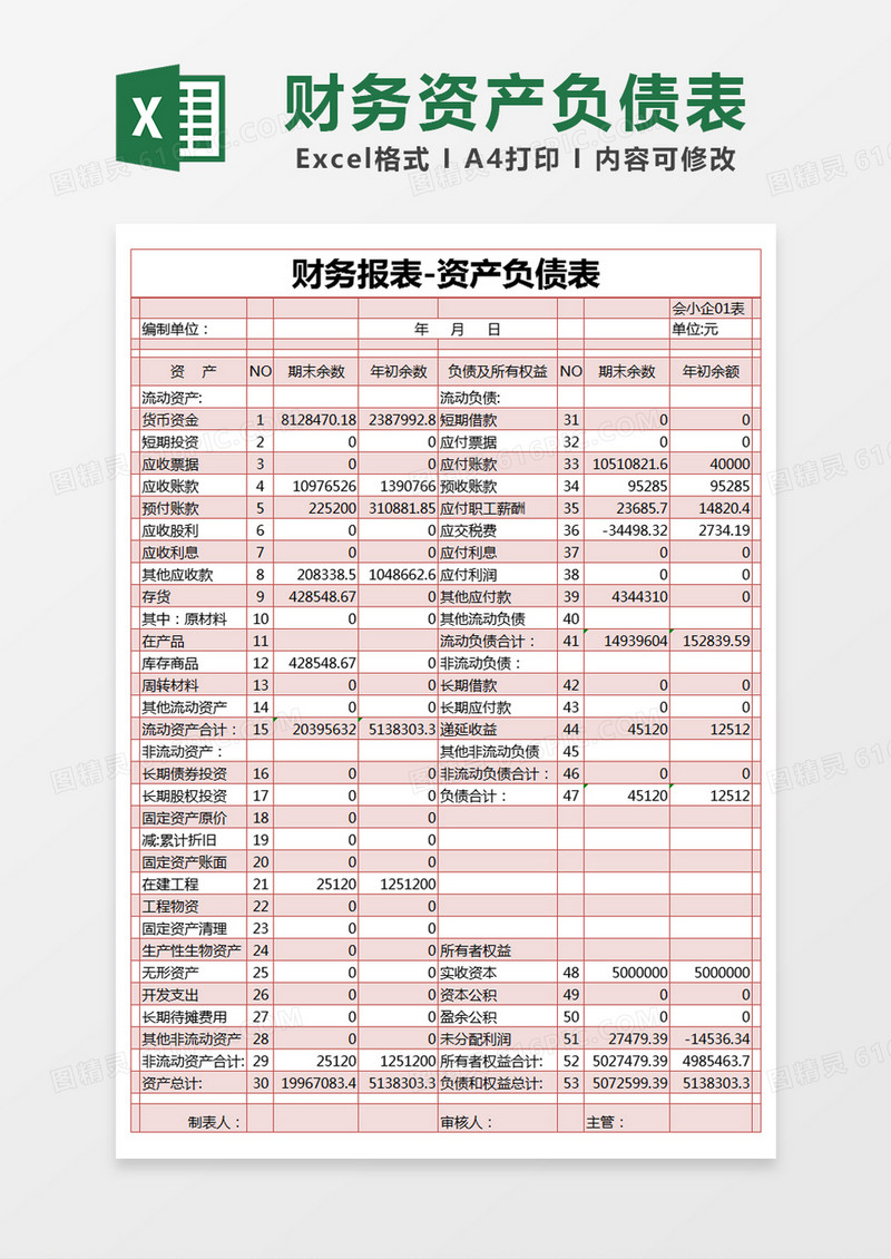红色简约财务报表资产负债表excel模版