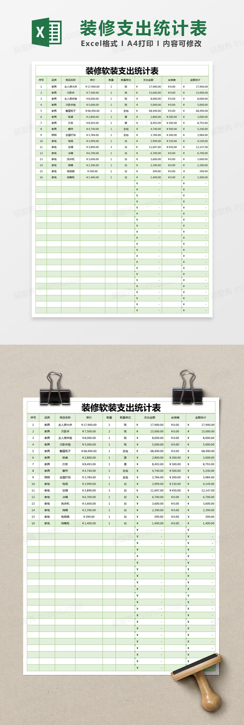 绿色简约装修软装支出统计表excel模版