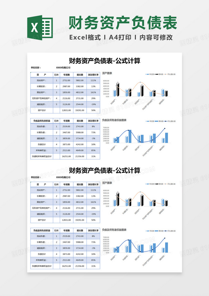 蓝色简约财务资产负债表excel模版
