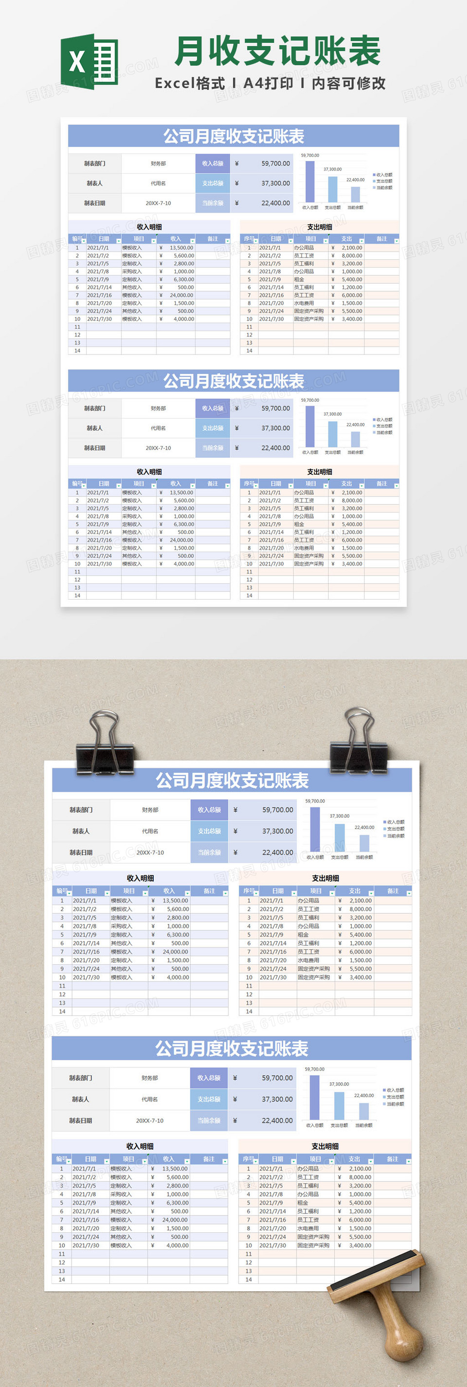 蓝色简约公司月度收支记账表excel模版