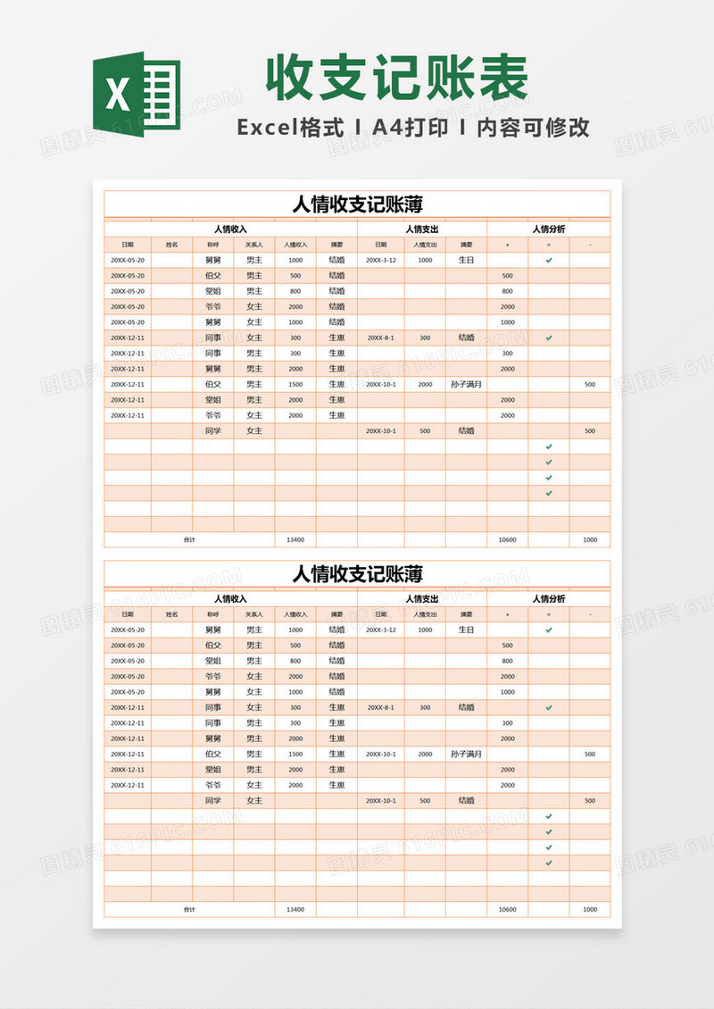 橙色简约人情收支记账薄excel模版