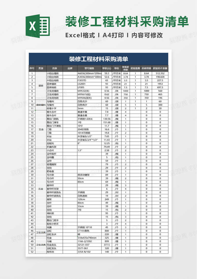 简洁装修工程材料采购清单excel模板